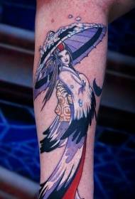 Arm asiatiska tecknade stil färgglada geisha och paraply tatuering mönster