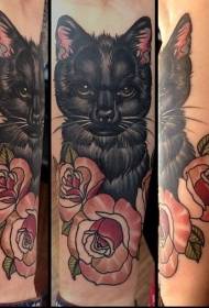 kalf eenvoudige realistische kleur rose zwarte kat tattoo patroon
