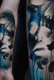 Arm új stílusú színes emberi koponya, tetoválás virág mintával