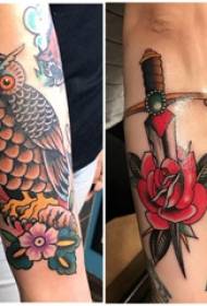 Tatuaj cu model de brățară braț girlic pe bufniță și imagine de tatuaj trandafir
