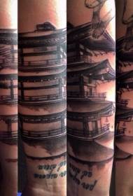 Rankos Azijos architektūra kartu su raidės tatuiruotės modeliu