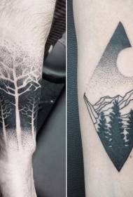 Arm black and white dot color forest mountain tattoo pattern