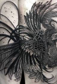 雕刻风格黑色战斗公鸡纹身图案
