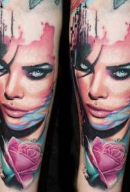 Uzbrajanie w nowym stylu kolorowy portret kobiety tatuaż wzór