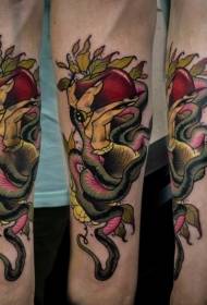 Arm traditional color apple and snake tattoo pattern