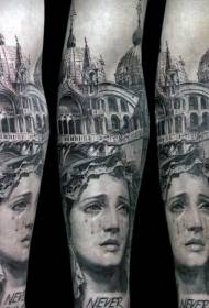 Arm Old School schwarze Frauen Statue mit Kirche Tattoo-Muster