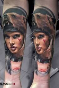 Small arm new traditional style colored bear head woman portrait tattoo pattern