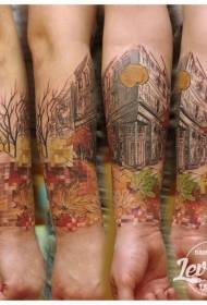 手臂插畫風格彩色的西方城市紋身圖案