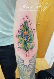 Naoružajte paunovo pero u boji prskanje tintni uzorak tetovaža