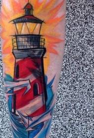 男性手臂水彩色大灯塔纹身图案
