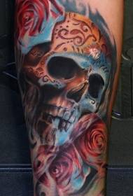 Arm Mexican style colorful skull and rose tattoo picture