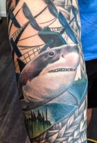 ຮູບແບບ tattoo sailboat ສີແຂນຂອງຜູ້ຊາຍ