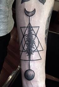 Lleuad ddu ddirgel Angis a phatrwm tatŵ coed mawr geometrig