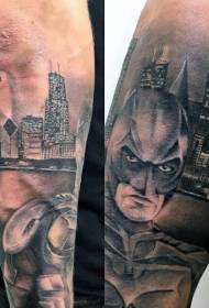 Stil ta ’illustrazzjoni ta’ driegħ ta ’Batman bit-tatwaġġ tal-belt bil-lejl