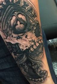 arm scary black skull with building tattoo pattern