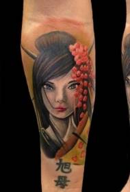 Braccio nuovo tatuaggio tradizionale giapponese ritratto e testo di donna