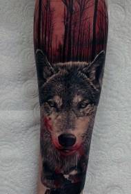 Legs with amazingly realistic color bloody wolf tattoo pattern