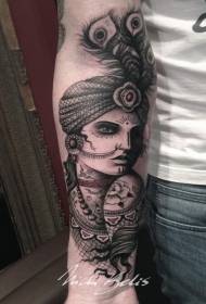 Arm mysterious woman with gorgeous hat tattoo pattern