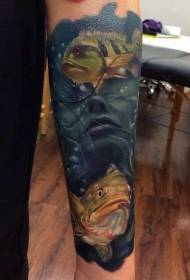 Arm realism style colored women with fish tattoo