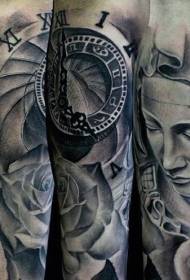手臂石雕风格黑灰女人和玫瑰纹身图案