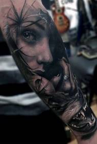 Small arm realistic style black gray mysterious female portrait and evil wolf tattoo pattern