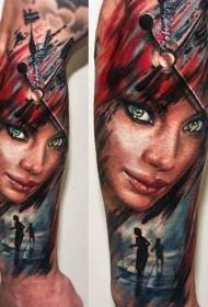 Arm illustrasie styl van gekleurde vrou met klok tatoeëring