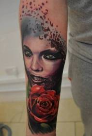 Arm color new school style vampire woman with rose tattoo