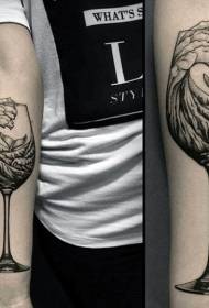 arm wine glass black and white with surreal style wave whale tattoo pattern