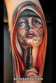 Mexican Traditional Color Woman Portrait with Pistol Tattoo Model