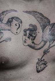 criatura voadora preta estilo surreal de peito com padrão de tatuagem de coração