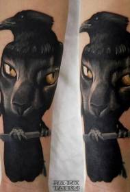 Realistic Black Crow and Cat face tattoo tattoo