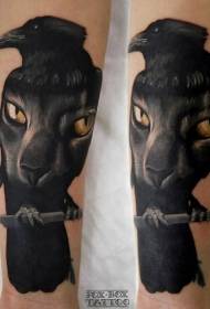 Realistic Black Crow and Cat Face tattoo pattern
