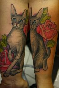 imagem de tatuagem de cor de gato de rosa e folha de peito