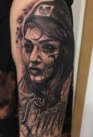 modello di tatuaggio di lettera di ritratto di donna misteriosa braccio nero grigio stile