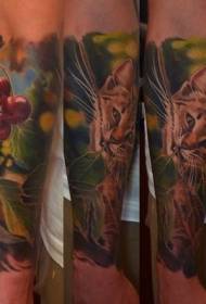 kleine arm realistische stijl kleur wilde kat en kersen tattoo patroon