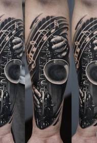arm realismo Estilo zuri-beltzeko saxofoi eta ohar tatuaje eredua