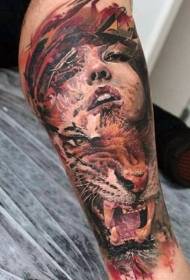 Tigre avatar eta neska erretratu konbinazio kolore tatuaje eredua