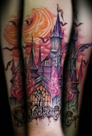 castello dell'orrore con il modello del tatuaggio del fumetto della lettera