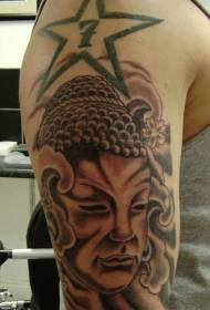 Suuri viiden teräksen tähti ja Buddhan pään tatuointikuvio