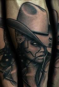 braço pequeno nova escola preto e branco cowgirl retrato tatuagem padrão