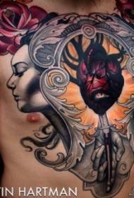 Modello del tatuaggio del fiore del ritratto del cuore della scuola di Europa