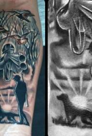 caçador de braços com padrão de tatuagem de espingarda de floresta de cão hound