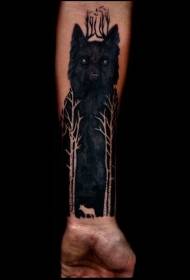 käsivarsi musta luova kissa ja puun tatuointikuvio