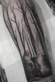 svart trä med porträtt flamarm tatuering mönster