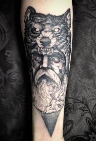 kamen rezbarenje crni starac s uzorkom tetovaža vukova kaciga