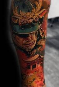 braccio di colore samurai medievale guerriero e modello di tatuaggio architettonico