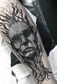 melna dīvaina gravējuma stila seja un veca koka tetovējuma raksts