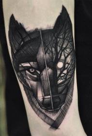 Cabezal único de lobo negro combinado con patrón de tatuaxe de bosque