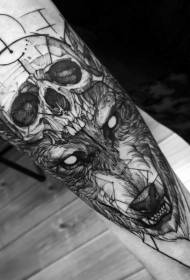 arm zwarte duivel wolf hoofd en schedel tattoo patroon
