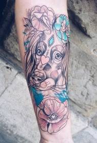 arm sketch style color dog with flowers and heart-shaped tattoo pattern